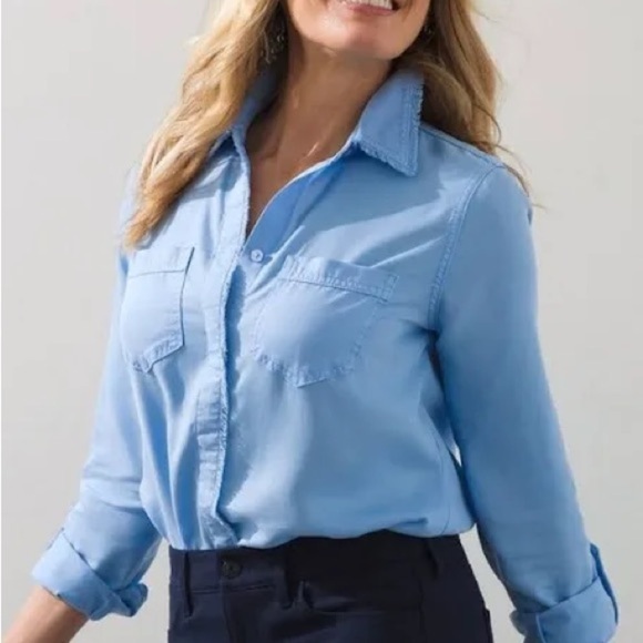2/$35 Chico's Fringed Button Down Shirt Blue - Picture 2 of 12